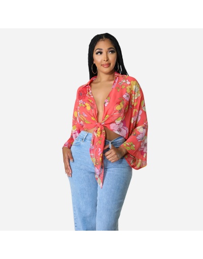 Replica Flare Sleeve Printed Women Blouse  Long Sleeve Turndown Collar #795336 $24.57 USD for Wholesale