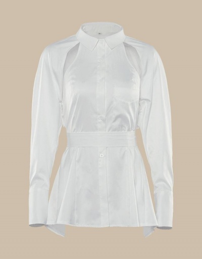 Replica Hollow Out Bow Tie White Blouse For Women Long Sleeve Turndown Collar #795347 $28.73 USD for Wholesale