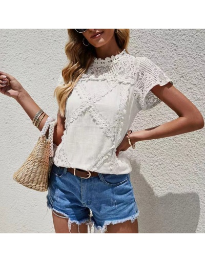  Summer Pure Color Lace Women's Shirt Top Short Sleeve Crew Neck #795352 $21.65 USD, Wholesale Fashion Blouses