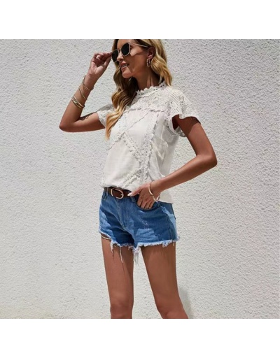 Replica  Summer Pure Color Lace Women's Shirt Top Short Sleeve Crew Neck #795352 $21.65 USD for Wholesale