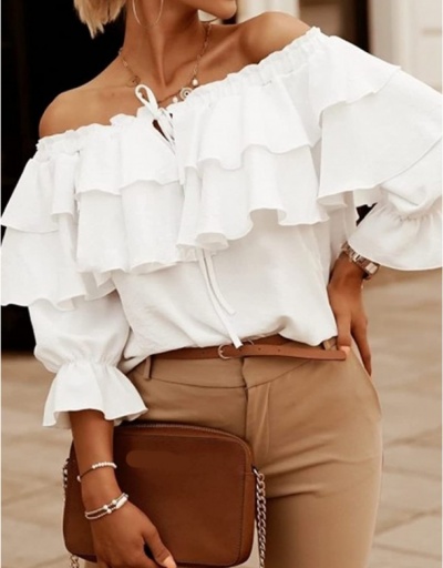 Replica Chiffon  Street White Ruffles Off The Shoulder Blouse  Three Quarter Sleeve Boat Neck #795361 $21.63 USD for Wholesale