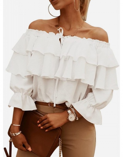 Replica Chiffon  Street White Ruffles Off The Shoulder Blouse  Three Quarter Sleeve Boat Neck #795361 $21.63 USD for Wholesale