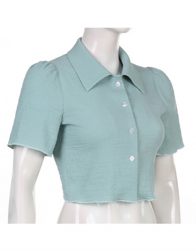 Replica Versatile Pure Color Puff Sleeve Crop Blouses Short Sleeve Turndown Collar #795373 $18.76 USD for Wholesale