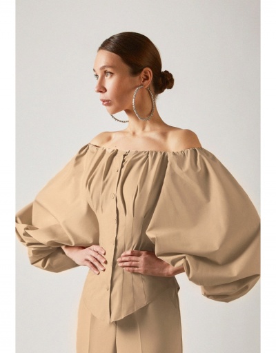 Replica   Fashion Pure Color Off Shoulder Puff Sleeve Blouse Long Sleeve Boat Neck #795381 $30.50 USD for Wholesale