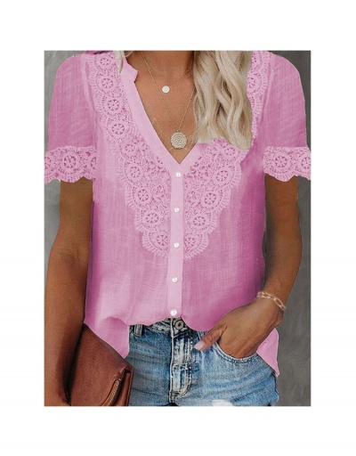 Replica Casual V Neck Lace Patch Short Sleeve Ladies Tops Short Sleeve V Neck #795383 $20.03 USD for Wholesale