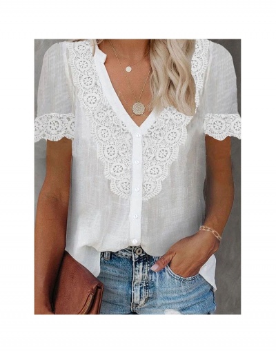 Replica Casual V Neck Lace Patch Short Sleeve Ladies Tops Short Sleeve V Neck #795383 $20.03 USD for Wholesale