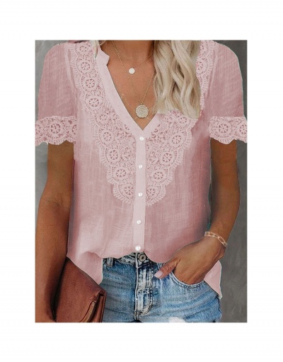 Replica Casual V Neck Lace Patch Short Sleeve Ladies Tops Short Sleeve V Neck #795383 $20.03 USD for Wholesale