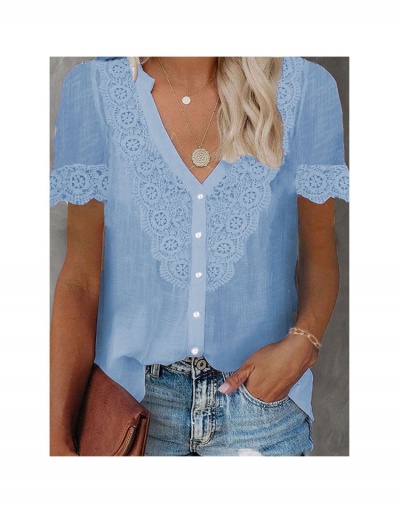 Replica Casual V Neck Lace Patch Short Sleeve Ladies Tops Short Sleeve V Neck #795383 $20.03 USD for Wholesale