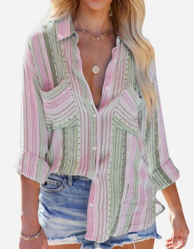 Replica Casual Striped  Loose Ladies Blouse Long Sleeve Turndown Collar #795388 $25.48 USD for Wholesale