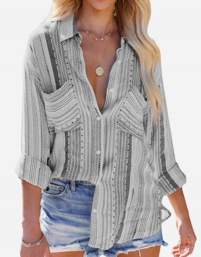 Replica Casual Striped  Loose Ladies Blouse Long Sleeve Turndown Collar #795388 $25.48 USD for Wholesale