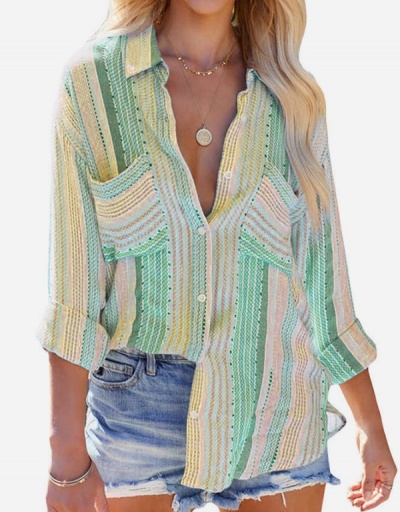 Replica Casual Striped  Loose Ladies Blouse Long Sleeve Turndown Collar #795388 $25.48 USD for Wholesale