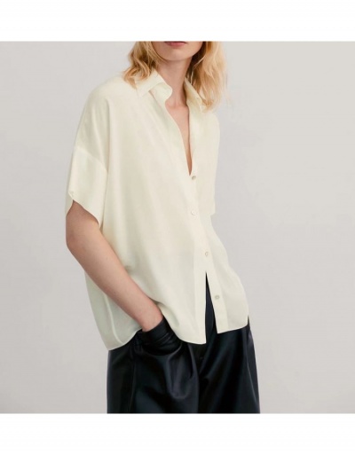 Replica Urban Casual Solid Color Short Sleeve Blouses Short Sleeve Turndown Collar #795391 $36.99 USD for Wholesale