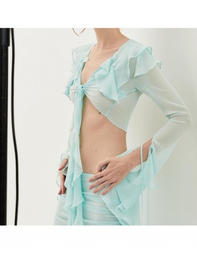 Replica Sexy See Through Ruffle  Long Sleeve Crop Blouse Long Sleeve V Neck #795392 $20.36 USD for Wholesale