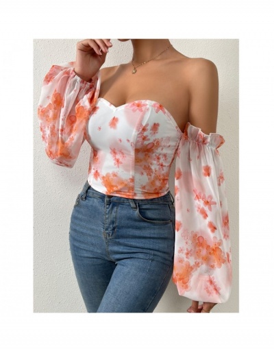 Replica  Summer Printed Off Shoulder Puff Sleeve Top Long Sleeve Sweetheart Neck #795397 $21.84 USD for Wholesale