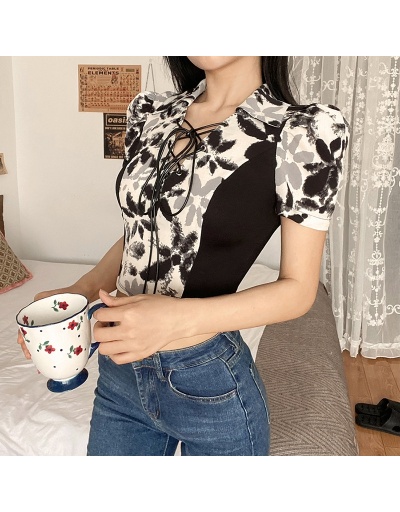 Replica  Versatile Contrast Color Puff Sleeve Crop Top Short Sleeve Turndown Collar #795399 $18.90 USD for Wholesale