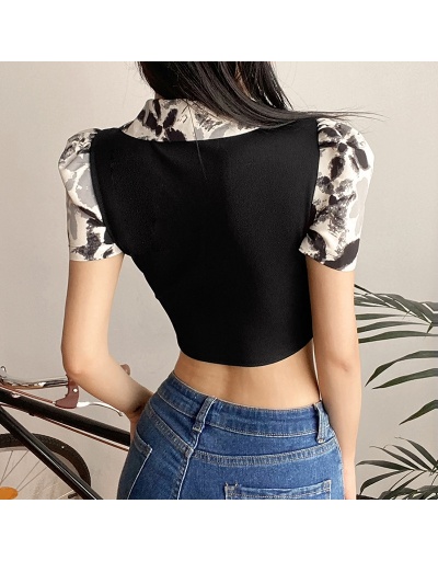 Replica  Versatile Contrast Color Puff Sleeve Crop Top Short Sleeve Turndown Collar #795399 $18.90 USD for Wholesale