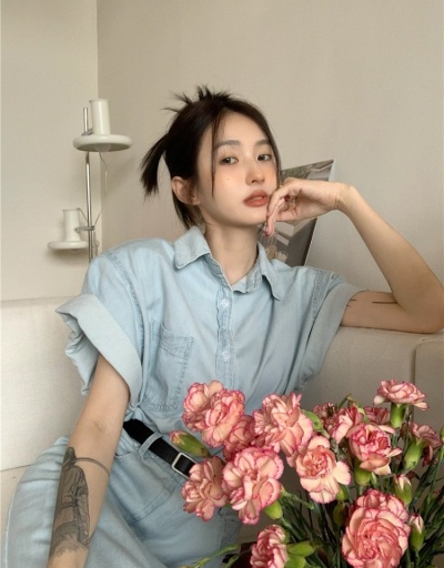 Replica Summer Casual Solid Button Up Blouse Short Sleeve Turndown Collar #795403 $34.35 USD for Wholesale