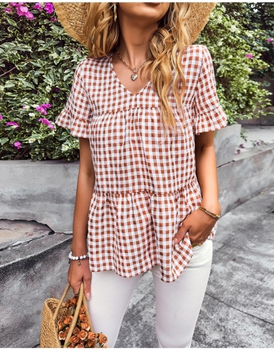 V Neck Loose Ruffles Gingham Blouse For Summer Short Sleeve V Neck #795404 $20.60 USD, Wholesale Fashion Blouses