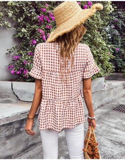 Replica V Neck Loose Ruffles Gingham Blouse For Summer Short Sleeve V Neck #795404 $20.60 USD for Wholesale