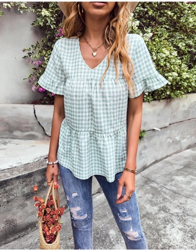 Replica V Neck Loose Ruffles Gingham Blouse For Summer Short Sleeve V Neck #795404 $20.60 USD for Wholesale