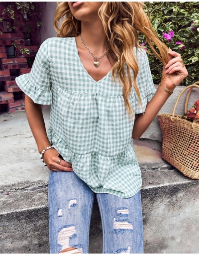 Replica V Neck Loose Ruffles Gingham Blouse For Summer Short Sleeve V Neck #795404 $20.60 USD for Wholesale