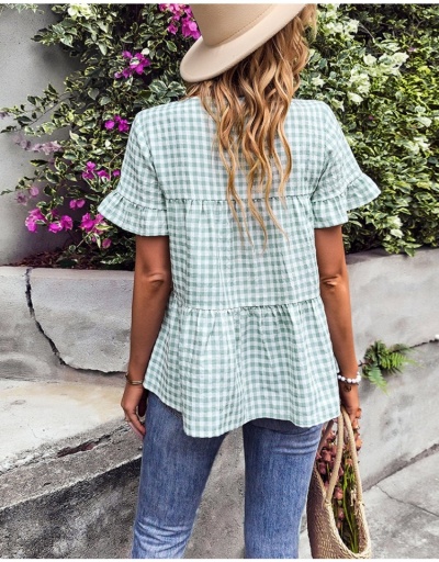 Replica V Neck Loose Ruffles Gingham Blouse For Summer Short Sleeve V Neck #795404 $20.60 USD for Wholesale