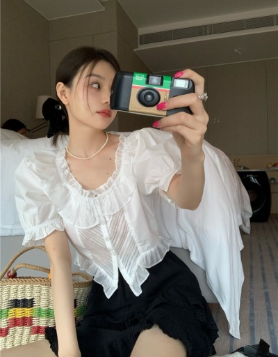 Replica  Puff Sleeve Pure Color Women's Blouse Short Sleeve Crew Neck #795408 $37.63 USD for Wholesale