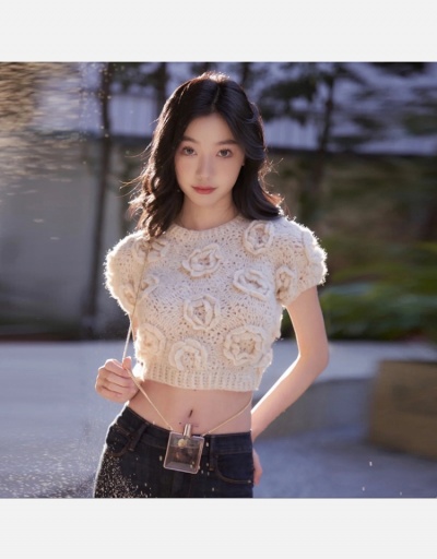 Replica Cozy Solid Flower Patchwork Cropped Pullover Sweaters Short Sleeve Mock Neck #795441 $38.56 USD for Wholesale