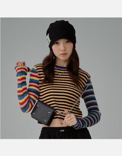 Striped  Fall Long Sleeve Cropped Tops For Women Long Sleeve Crew Neck #795442 $23.85 USD, Wholesale Fashion Sweaters &amp; Cardigans