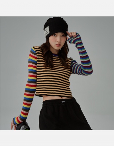 Replica Striped  Fall Long Sleeve Cropped Tops For Women Long Sleeve Crew Neck #795442 $23.85 USD for Wholesale