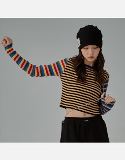 Replica Striped  Fall Long Sleeve Cropped Tops For Women Long Sleeve Crew Neck #795442 $23.85 USD for Wholesale