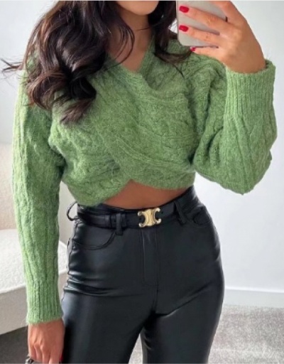 V Neck Green Long Sleeve Cross Sweater Top Long Sleeve V Neck #795446 $33.03 USD, Wholesale Fashion Sweaters &amp; Cardigans