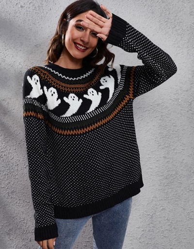 Replica Vintage Contrast Color Ghost Loose Pullover Sweater Long Sleeve Crew Neck #795463 $29.27 USD for Wholesale