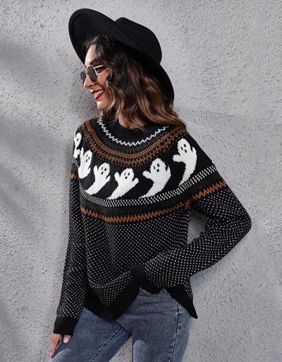 Replica Vintage Contrast Color Ghost Loose Pullover Sweater Long Sleeve Crew Neck #795463 $29.27 USD for Wholesale