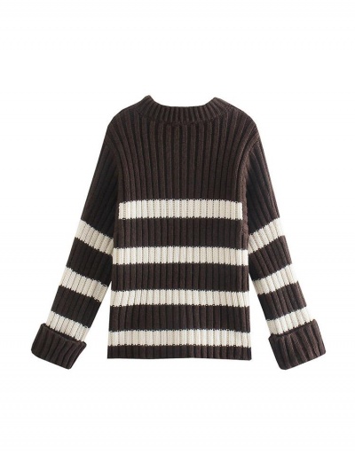 Replica Cozy Loose Striped Long Sleeve Pullover Sweater For Women Long Sleeve Crew Neck #795493 $41.27 USD for Wholesale