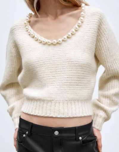 Women Faux Pearl Scoop Neck Solid Pullover Sweater Long Sleeve Scoop Neck #795496 $46.20 USD, Wholesale Fashion Sweaters &amp; Cardigans