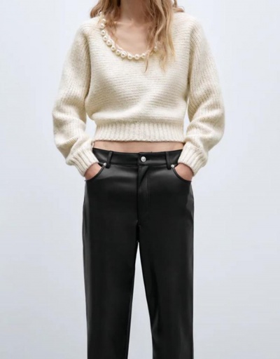 Replica Women Faux Pearl Scoop Neck Solid Pullover Sweater Long Sleeve Scoop Neck #795496 $46.20 USD for Wholesale