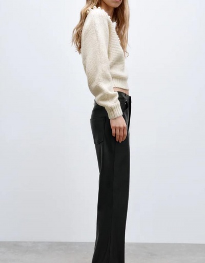 Replica Women Faux Pearl Scoop Neck Solid Pullover Sweater Long Sleeve Scoop Neck #795496 $46.20 USD for Wholesale