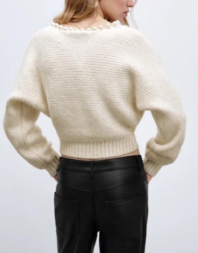 Replica Women Faux Pearl Scoop Neck Solid Pullover Sweater Long Sleeve Scoop Neck #795496 $46.20 USD for Wholesale