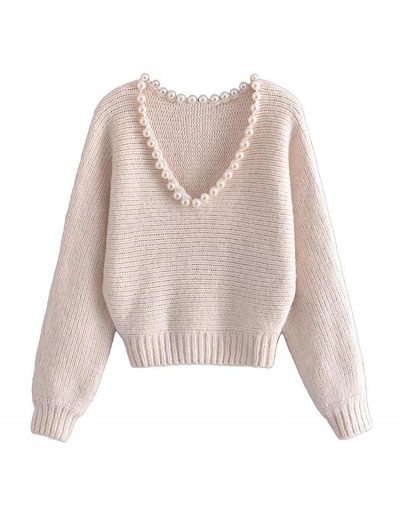 Replica Women Faux Pearl Scoop Neck Solid Pullover Sweater Long Sleeve Scoop Neck #795496 $46.20 USD for Wholesale