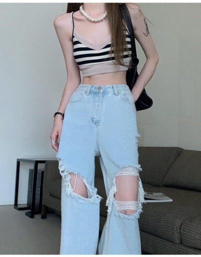 Replica Ladies Loose  Straight Hole High Waisted Jean Pants #795559 $33.91 USD for Wholesale