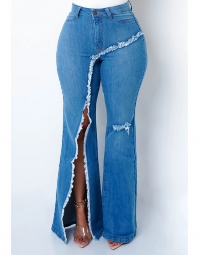 Replica Stylish Ripped Bootcut Split Denim Long Pants For Women #795573 $26.53 USD for Wholesale