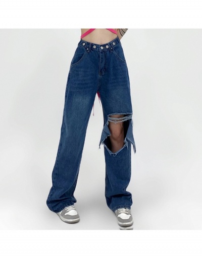 Street Ladies Blue Hollow Out Straight Jean Trousers #795837 $31.44 USD, Wholesale Fashion Jeans