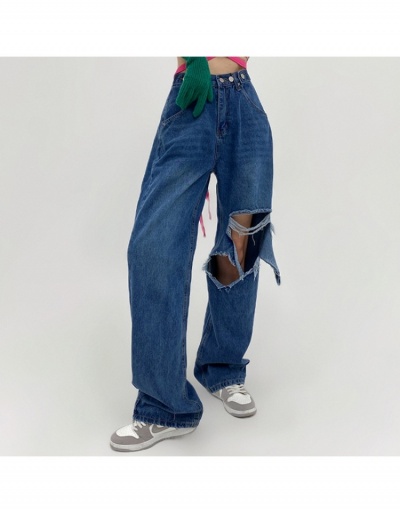 Replica Street Ladies Blue Hollow Out Straight Jean Trousers #795837 $31.44 USD for Wholesale