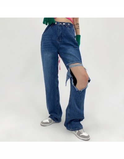 Replica Street Ladies Blue Hollow Out Straight Jean Trousers #795837 $31.44 USD for Wholesale