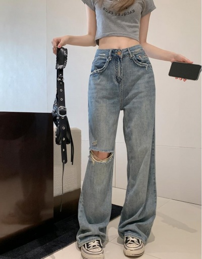 Retro Style Blue Loose Straight High Waist Ripped Jeans #795841 $33.03 USD, Wholesale Fashion Jeans