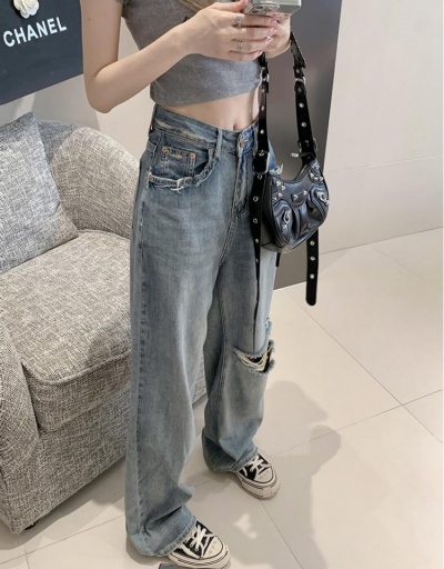 Replica Retro Style Blue Loose Straight High Waist Ripped Jeans #795841 $33.03 USD for Wholesale