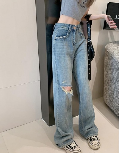 Replica Retro Style Blue Loose Straight High Waist Ripped Jeans #795841 $33.03 USD for Wholesale