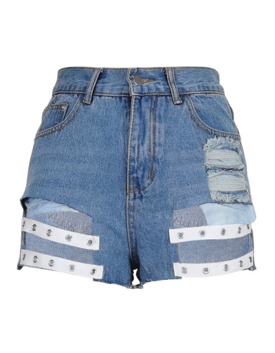 Replica Stylish Hollow Out  Blue Denim Shorts For Women #795863 $20.23 USD for Wholesale