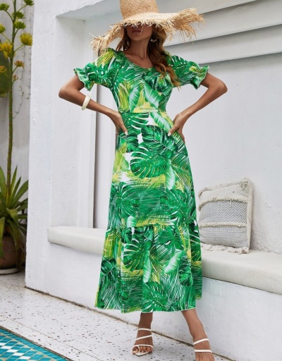 Replica  Green Printed Short Sleeve Women's Midi Dress Short Sleeve Crew Neck #796011 $31.56 USD for Wholesale